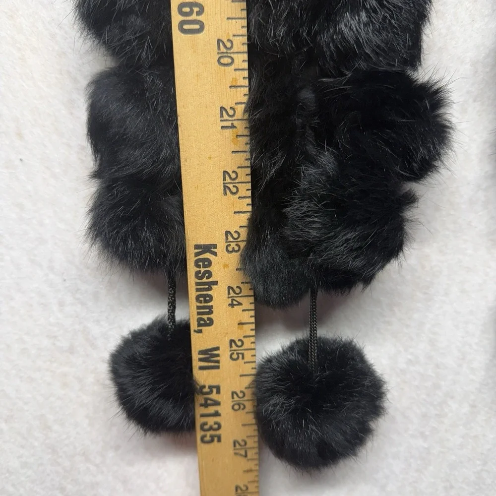 Genuine Rabbit Fur Pom Pom Scarf Black Natural Elegant Quiet Luxury Boho Ski